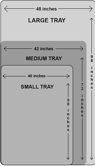 three revrack tray sizes, large is 48 by 98 by 3 inches, medium is 42 by 72 by 3 inches, small is 40 by 50 by 3 inches